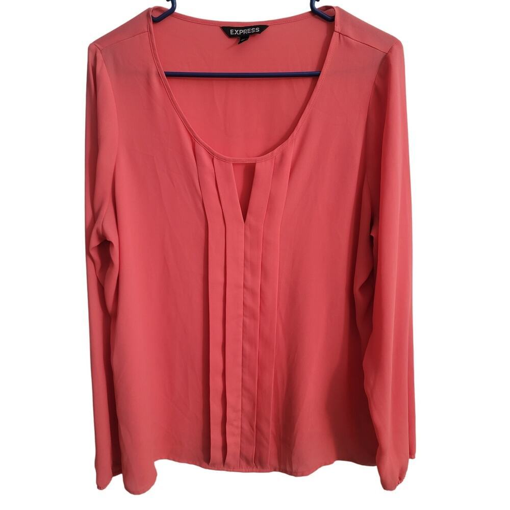 Express Women's Sheer Polyester Scoop Neck Bright Coral Blouse Shirt Size L - Picture 1 of 4